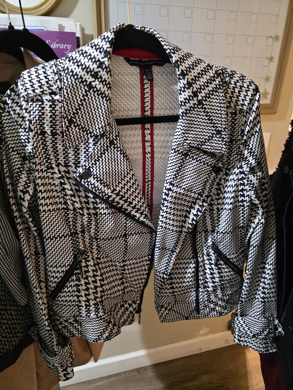 White House Black Market Black & White Houndstooth Moto Jacket